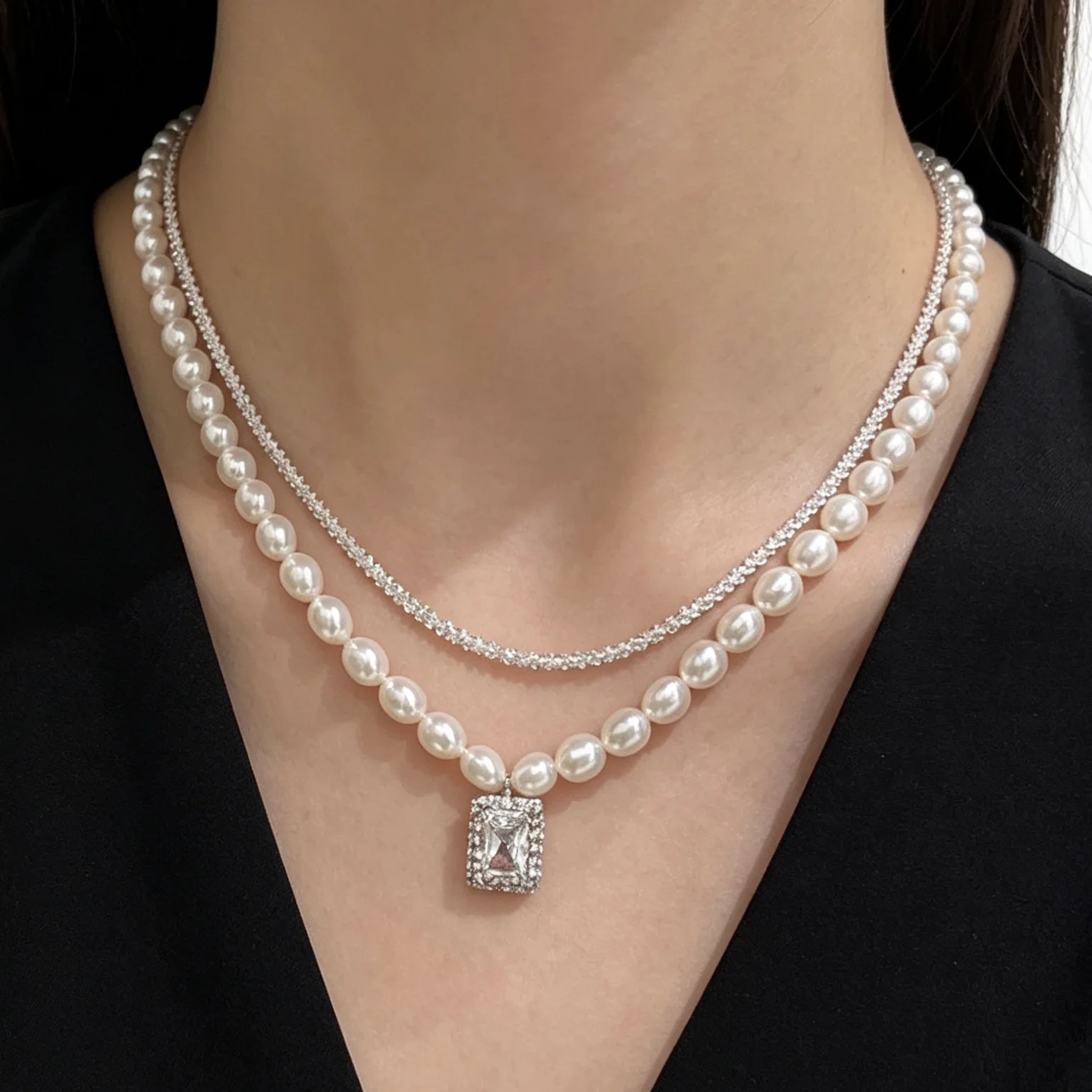 Layered Pearl Choker Necklace for Women Rectangle Cubic Zircon Pendant Silver Color Elegant Collar Necklace for Women Daily Wear