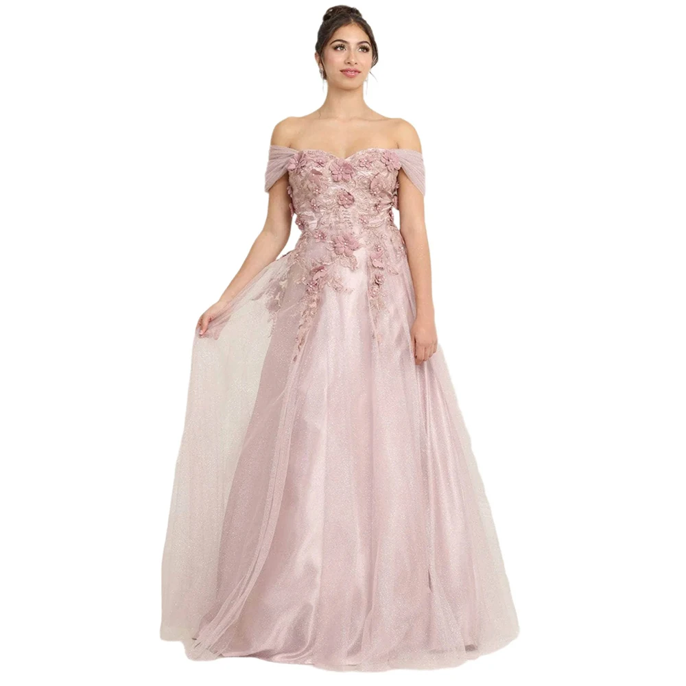 

Customized High Quality Pink Elegant Tulle Evening Dress off the Shoulder Appliques Prom Gowns A-line for Floor Length New Style