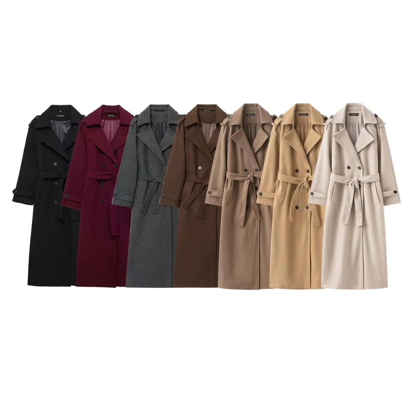 

Women Solid Double Breasted Wool Coat With Belt Female Vintage Turn-Down Collar Full Sleeve Coats Lady Chic Long Overcoat