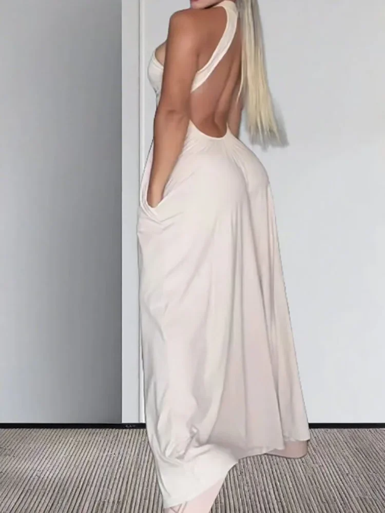 جمبسوت أنيق بدون ظهر بأرجل واسعة، بدلة نسائية صيفية مجوفة بدون أكمام، بدلة لعب بسيطة للسيدات مرقعة صلبة لعام 2025