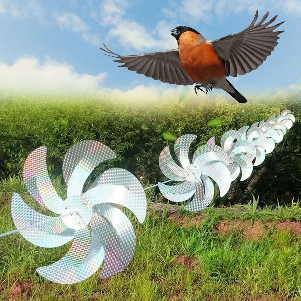 Reflective Bird Deterrent Pinwheel String 10m with 8 Holographic Wind Spinners for Garden Orchard Patio Yard Outdoor Decorations
