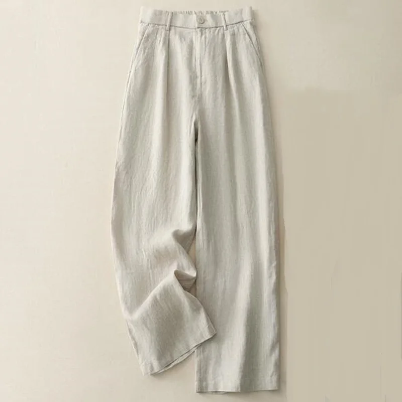 Women Summer Thin Trousers Korean Fashion High Waist Linen Loose Pants Straight All-match Casual Pants Office Lady Suit Pants