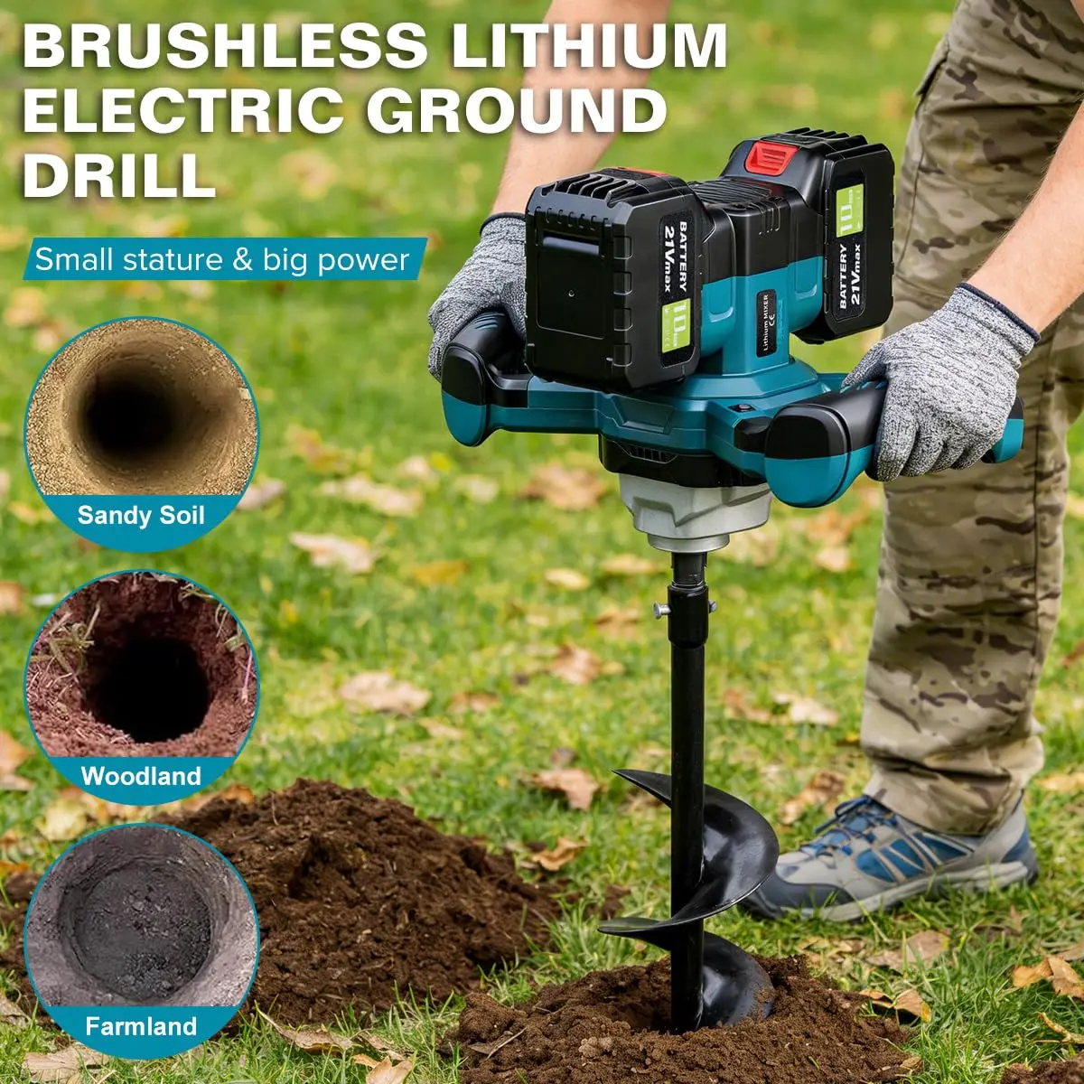 Electric Earth Auger, Cordless Post Hole Digger, Includes 1 Twist Drill Bit, 2 Batteries & 1 Charger, Forward/Reverse Function, for Post Hole Digging, Drilling, Tree Planting