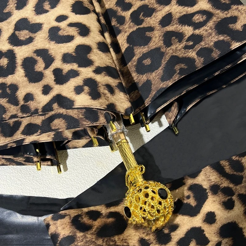 Luxury Leopard Print Folding Umbrellas for Women 3 Fold Manual Rain Parasol High End Compact Travel Umbrella Elegant Sun Shade