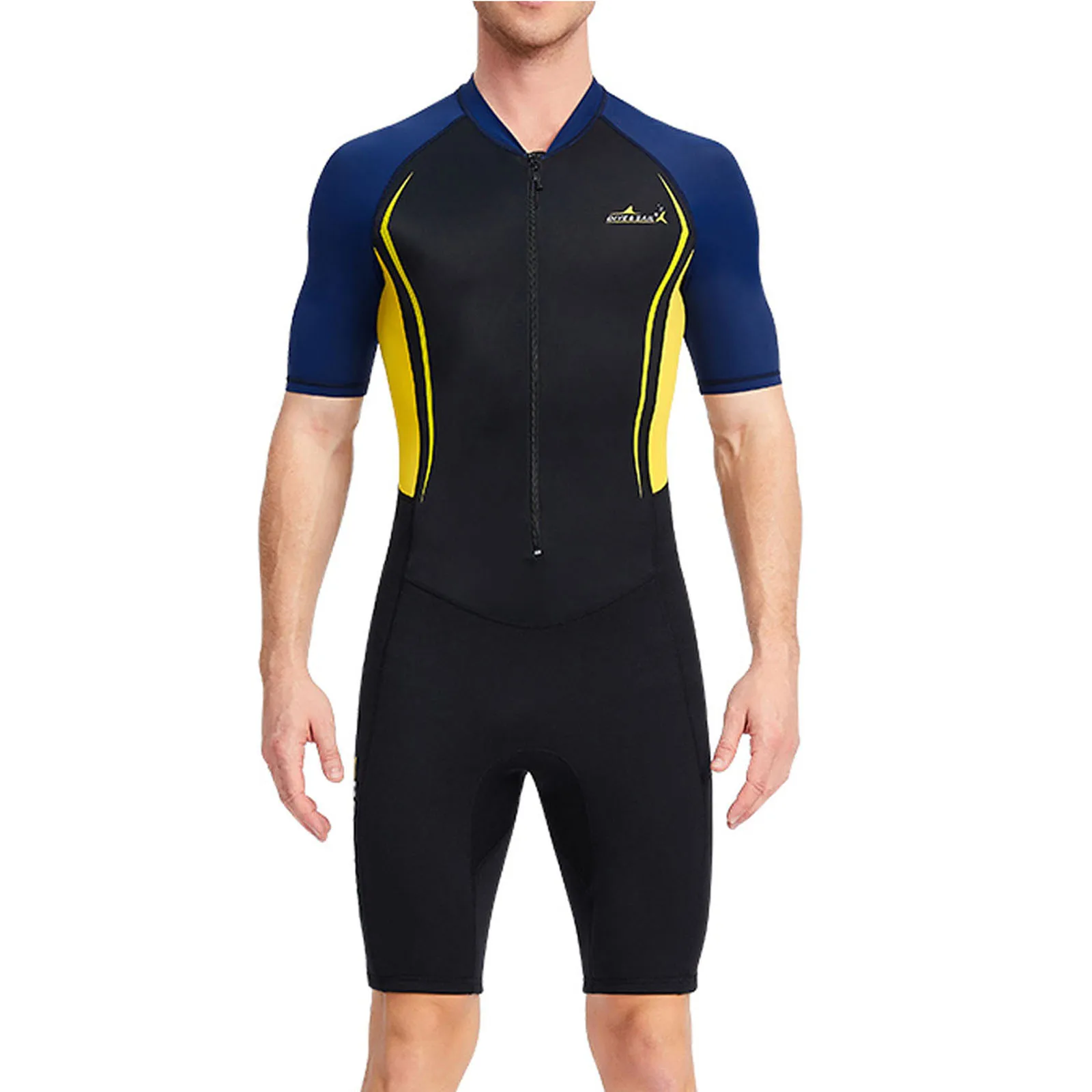 

Men 1.5mm Neoprene One Piece Athletic Swimsuit Short Sleeves Color Block Diving Wetsuit Snorkeling Kayaking Surfing Bathing Suit