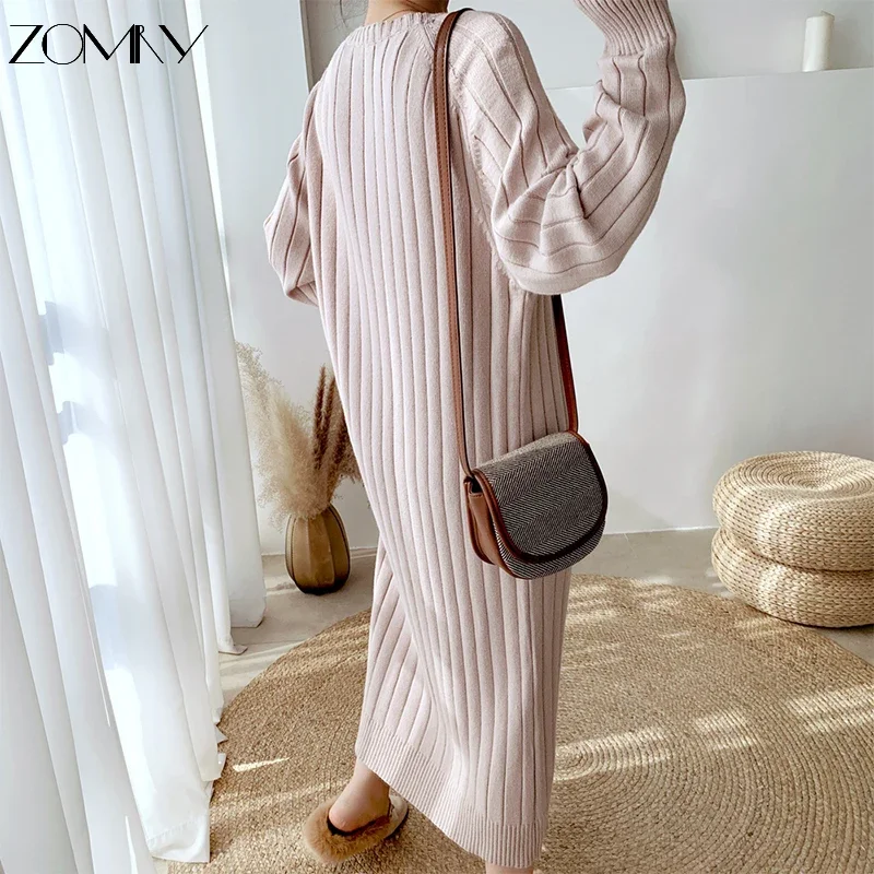 ZOMRY Autumn Fashion New Long Simple Loose Knitted Dress Korean Women\'s O-Neck Elegant Casual Straight Sweater Warm Vest Dresses