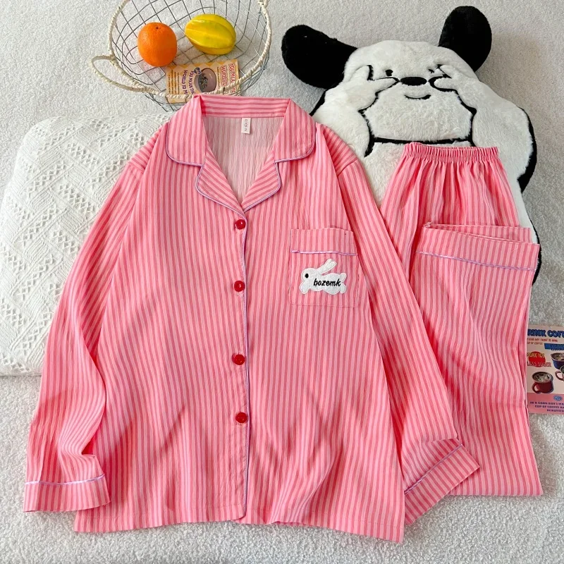 embroidery-letter-pajamas-set-striped-rabbit-print-autumn-long-sleepwear-home-suit-lapel-neck-new-2-pcs-women's-pajamas