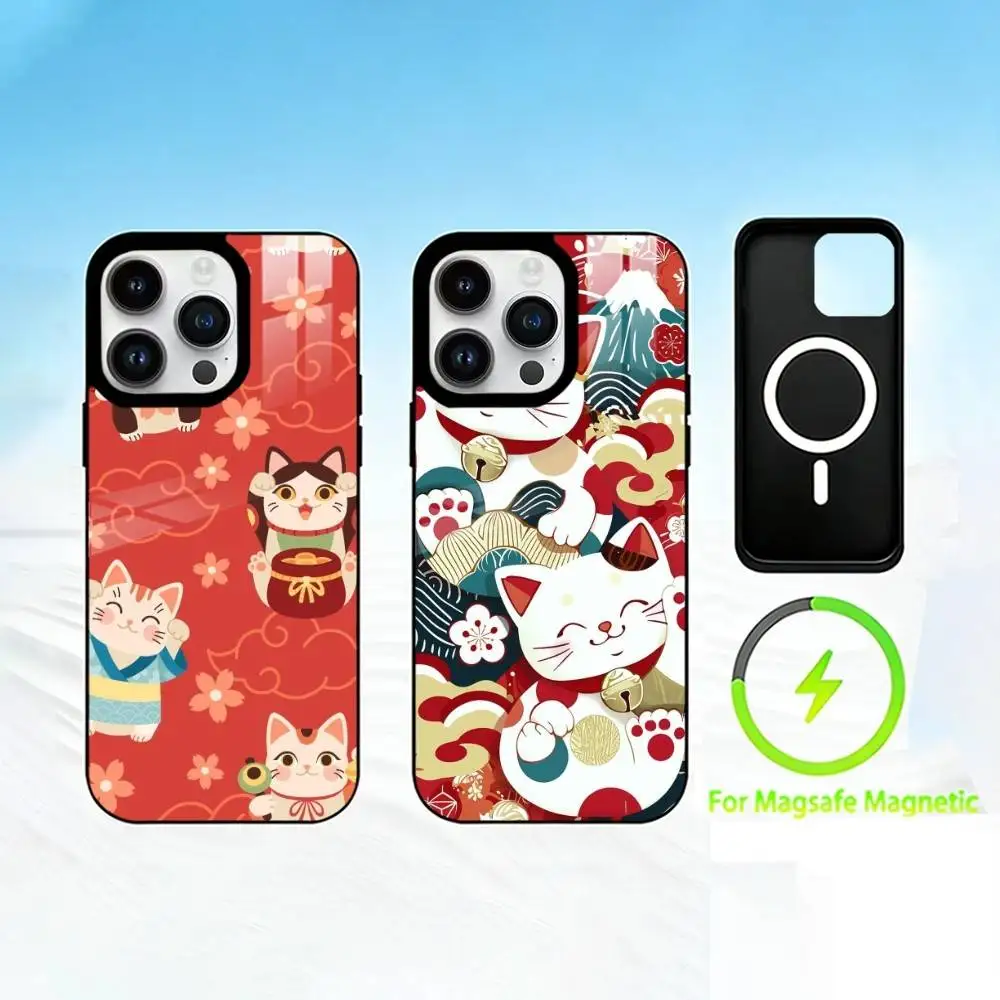 

M-Maneki-neko Phone Case For iPhone 17 16 15 14 13 12 Pro Max Plus for Mirror Wireless Magnetic Cover
