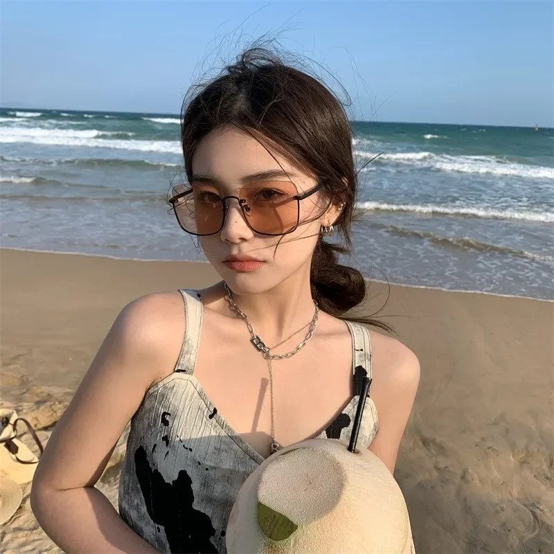 نظارات شمسية مربعة عتيقة للرجال والنساء ، سبيكة ، ملونة ، مرآة المحيط ، إطار كبير ، مصمم العلامة التجارية ، أنثى ، أزياء السيدات