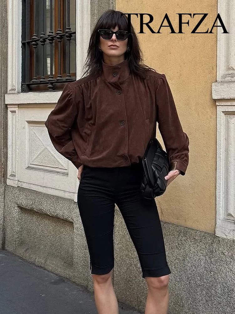 

TRAFZA Women Autumn Vintage Suede Pleated Design Single-breasted Long Sleeves Jacket Female Turtleneck Pockets Casual Short Coat