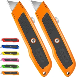 2 Pack Utility Knife, Heavy Duty Box Cutter Retractable Knife, Aluminum Alloy & Rubber Handle, Razor Knife Carpet Cutter, Box Op