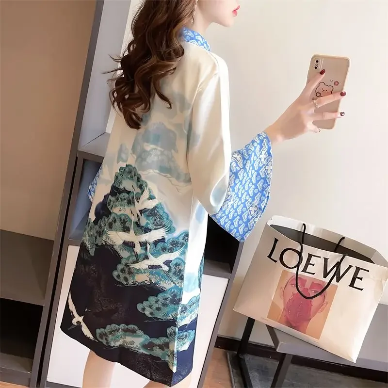 DAYIFUN Chinese Style Dresses 2024 Summer New Stand Collar Print Tshirt Lady Temperament Loose Middle Sleeve Cheongsam Dress