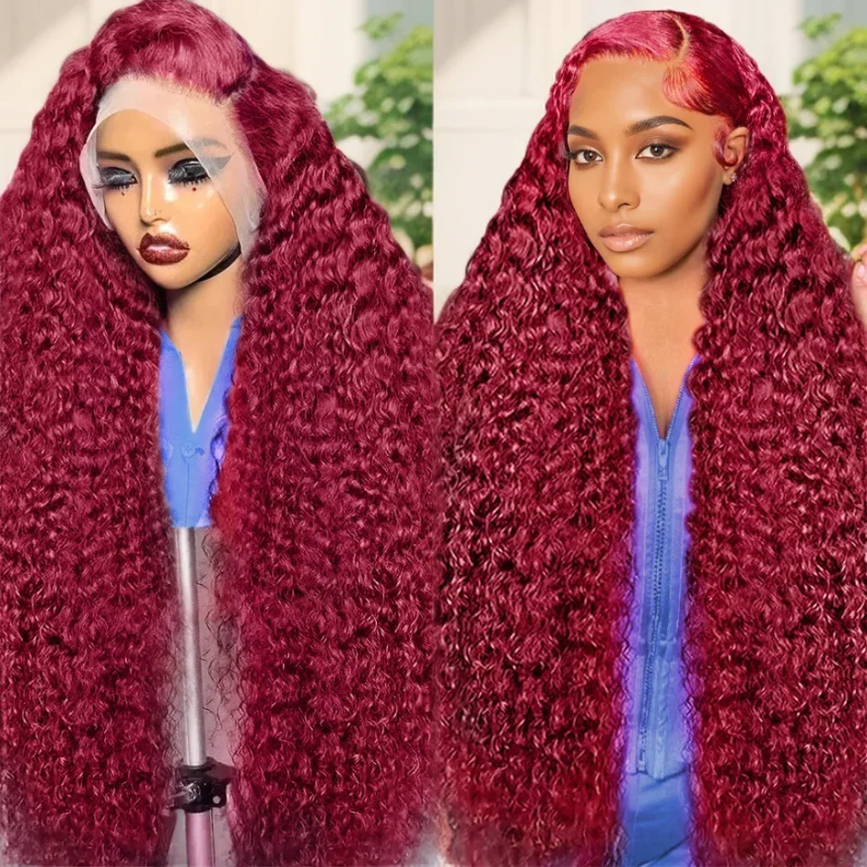 Peluca Frontal de encaje rizado profundo 13x4 99J Borgoña 13x6 pelucas delanteras de encaje pelucas de cabello humano de onda profunda HD de color rojo para mujeres