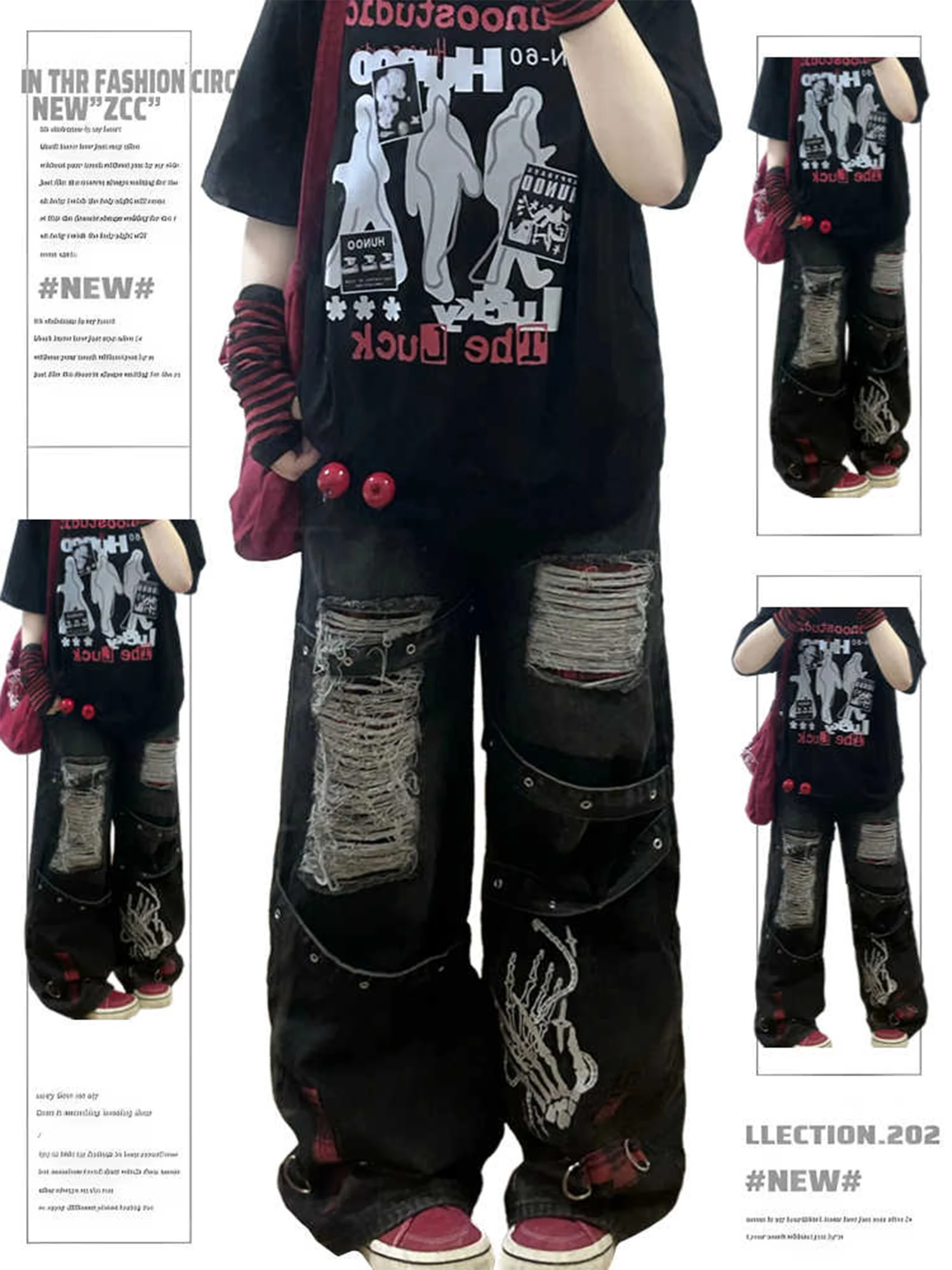 Women's Black Gothic Y2k Emo Ripped Jeans Harajuku Vintage Grunge Denim Trousers Japanese 2000s Style Baggy Hip Hop Jeans Pants