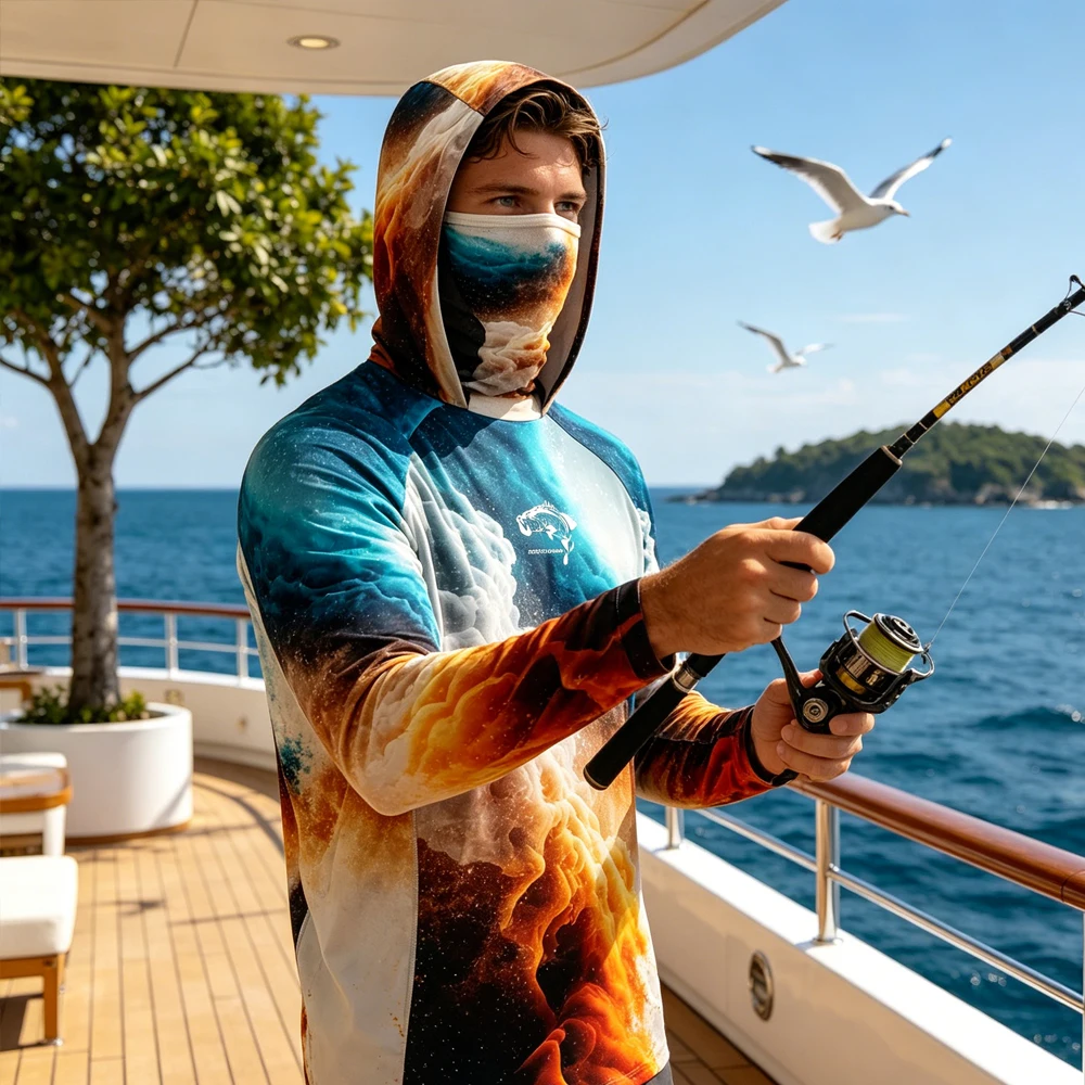 

Men Fishing Hoodie Long Sleeve UPF50+ Quick Dry Breathable With Face Cover Outdoor Camping Hiking Fishing Angling Wear Top