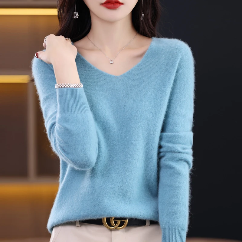 100% wool cashmere sweater Women\'s loose fitting casual knit V-neck pullover 2023 new high-quality autumn and winter sweater