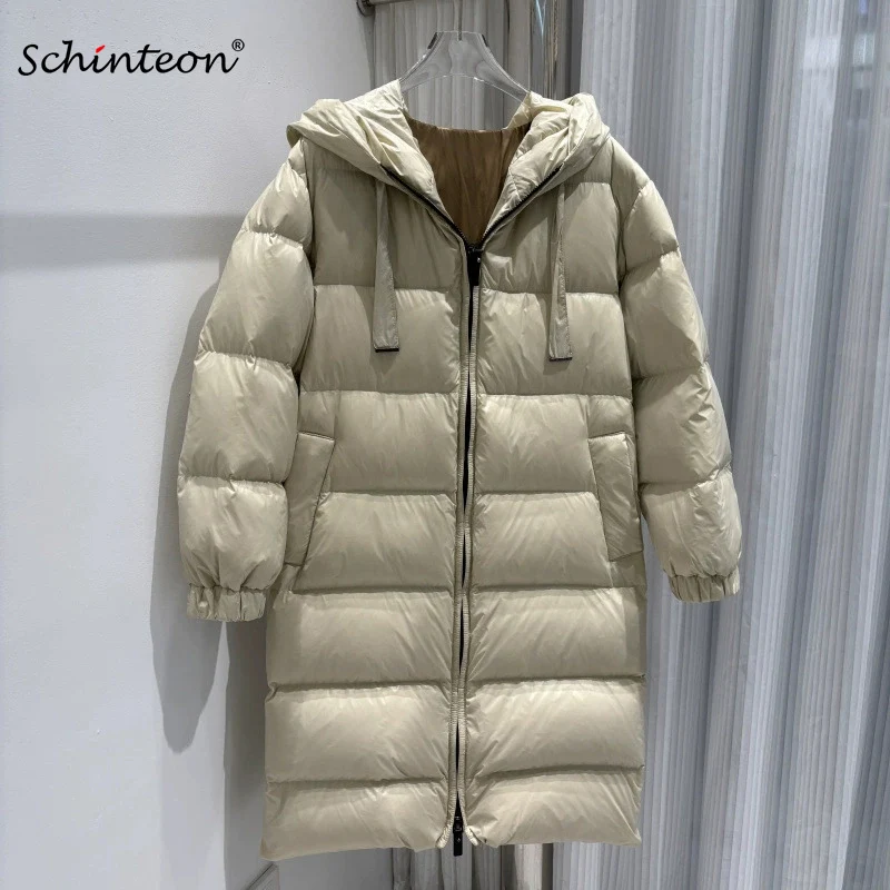 Schinteon Women's White Duck Down Long Jacket Soft Autumn Winter Warm Thick Outwear with Hood Solid Color 2025 New Real Picture