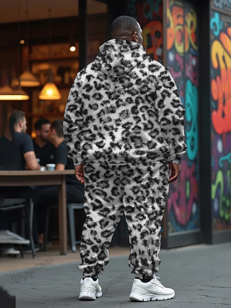 Biggmans White Leopard Print Plus Size Hoodie Suit Causal Loose Thick Mens Two Piece Set 2024 Male Drawstring Pants Matching Set