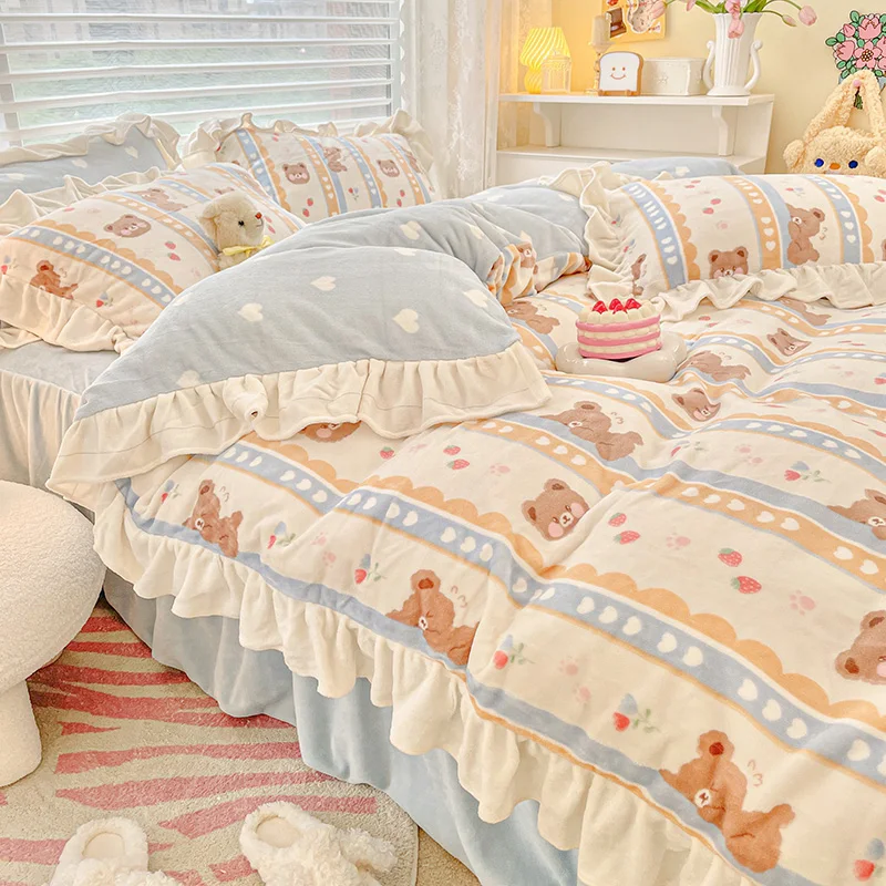 Princess Style Thickened Milk Fiber Four-Piece Set Winter Fleece-Lined Warm Double-Sided Flannel Coral Fleece Duvet Cover