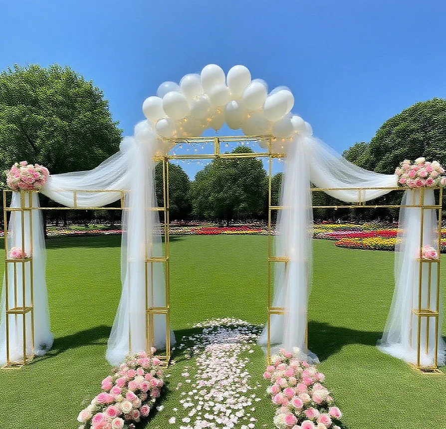 

Shiny Gold Square Pillars Iron Arch Outdoor Wedding Stage Event Backdrop Sturdy Flower Decor Square Pillar for Party