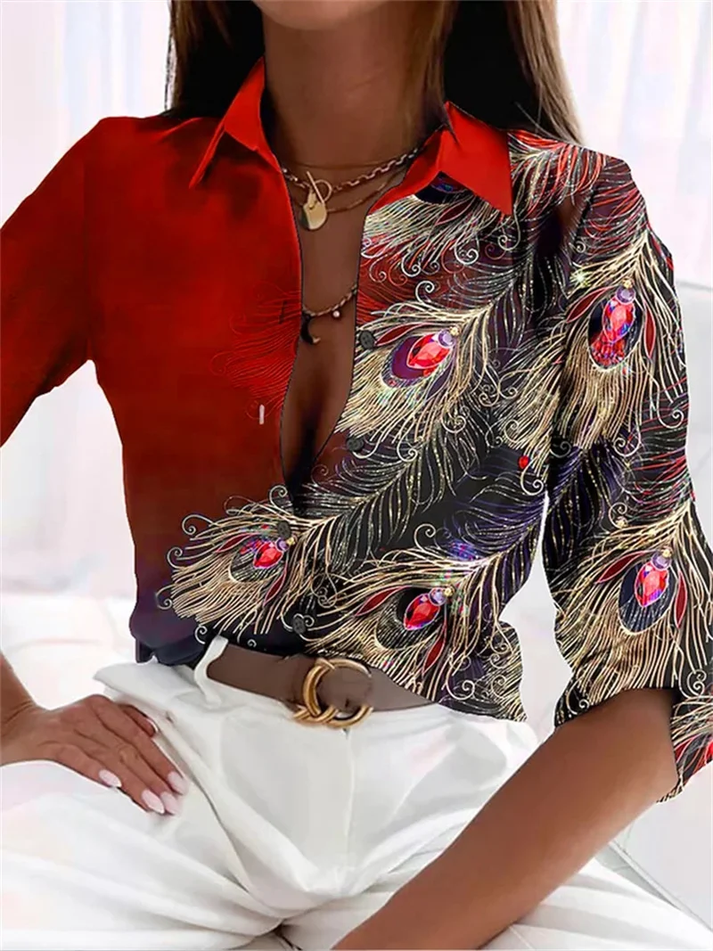 Fashion Peacock Feathers Gemstone Print Lapel Shirt Women Elegant Daily Commuter Loose Blouse Female Autumn Single-breasted Tops