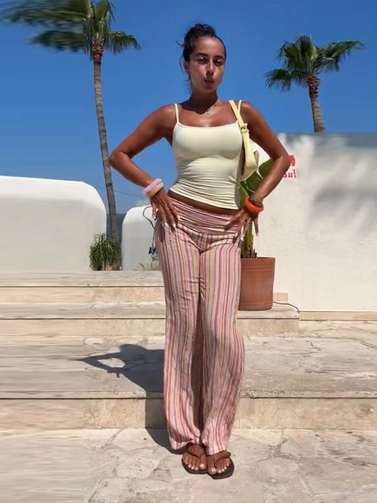 Gestreifte Bandage-Freizeithose für Damen, Streetwear, hohe Taille, Schnürung, getäfelte, lockere Hose mit weitem Bein, modische Partykleidung für Damen – Detail 8