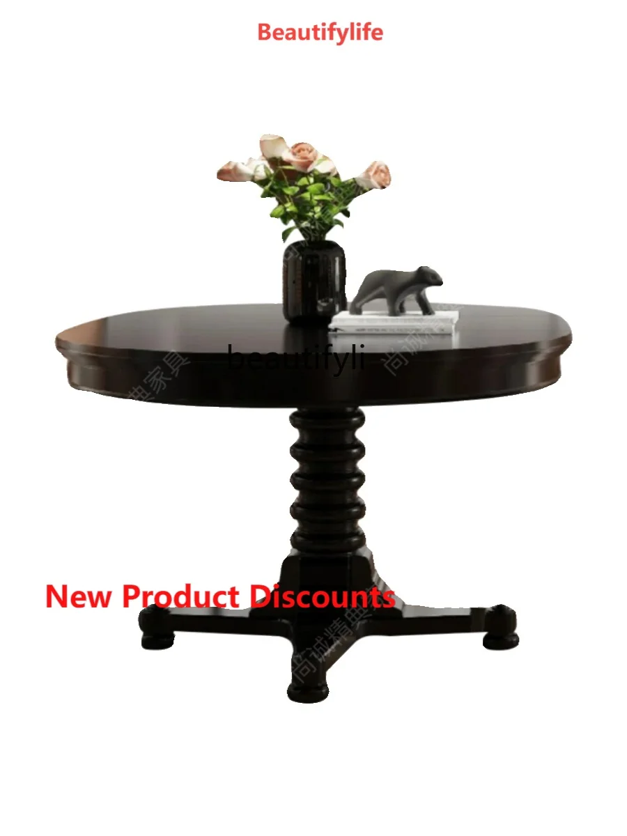 

X188 French Retro Simple round Table Solid Wood Black Home Small Apartment Table and Chair Mid-Ancient Dining Table