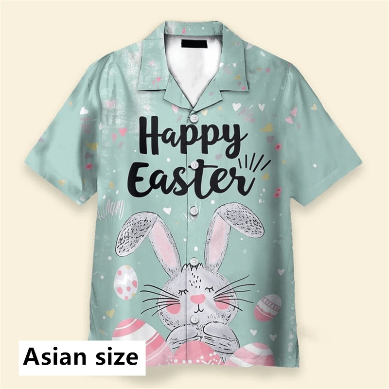 Happy Easter Kawaii Cartoon Rabbit Hawaiian Shirts Men Women 3D Printed Beach Shirt Women Funny Colored Egg Shirt Button Tops