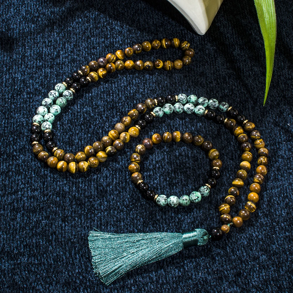 

8mm Black Onyx African Turquoise Tiger Eye Beads 108 Mala Necklace Meditation Yoga Prayer Japamala Jewelry Set for Men and Women