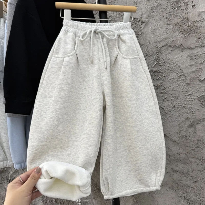 Boys Girla Pant 2026 Autumn Winter Korean Style Fashion Trendy Handsome Loose Versatile Minimalist Thick Solid Color Long Pant