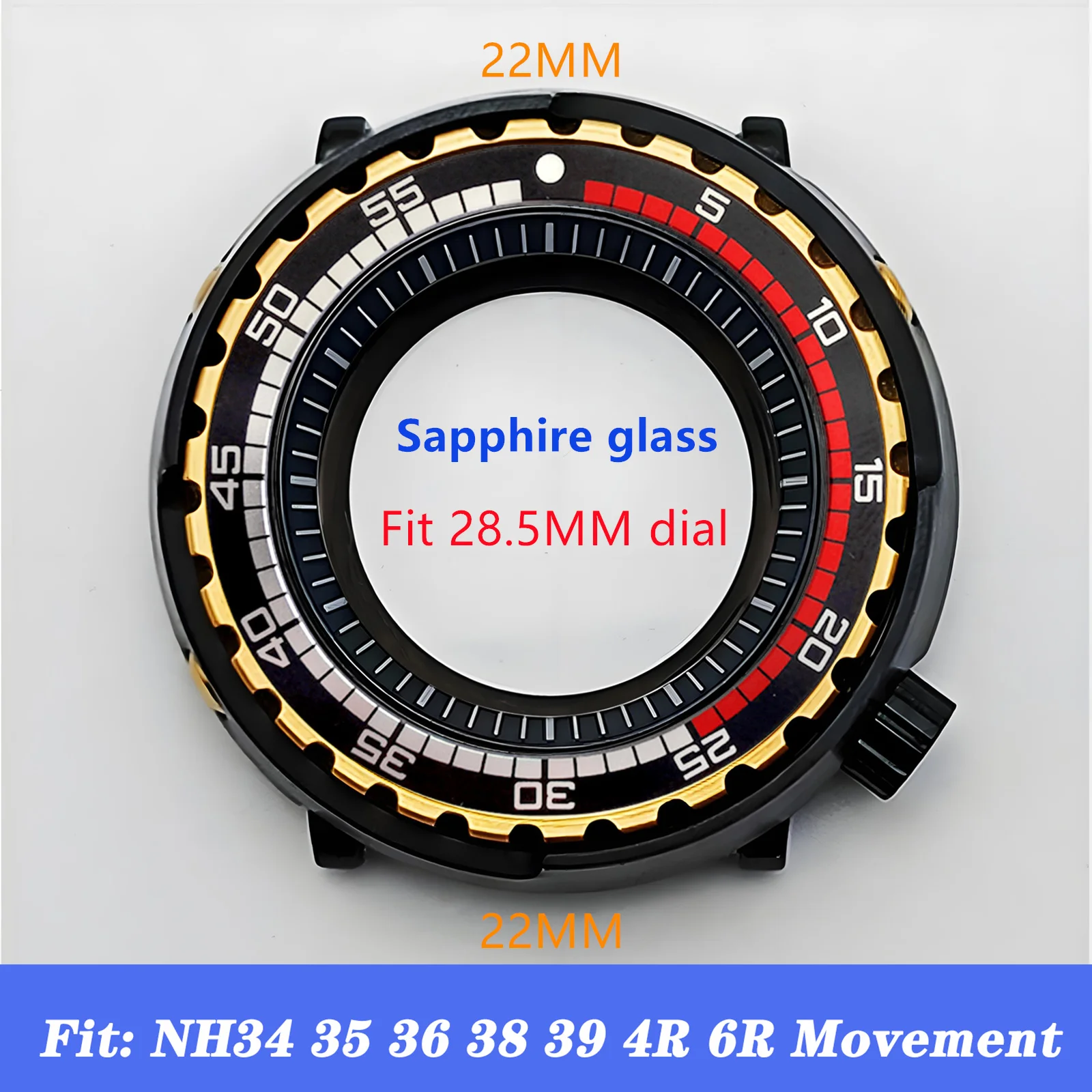 

Mod Black Tuna Can Case NH35 Case Gold Bezel Aluminum Insert Sapphire Glass Stainless Steel Watch Case