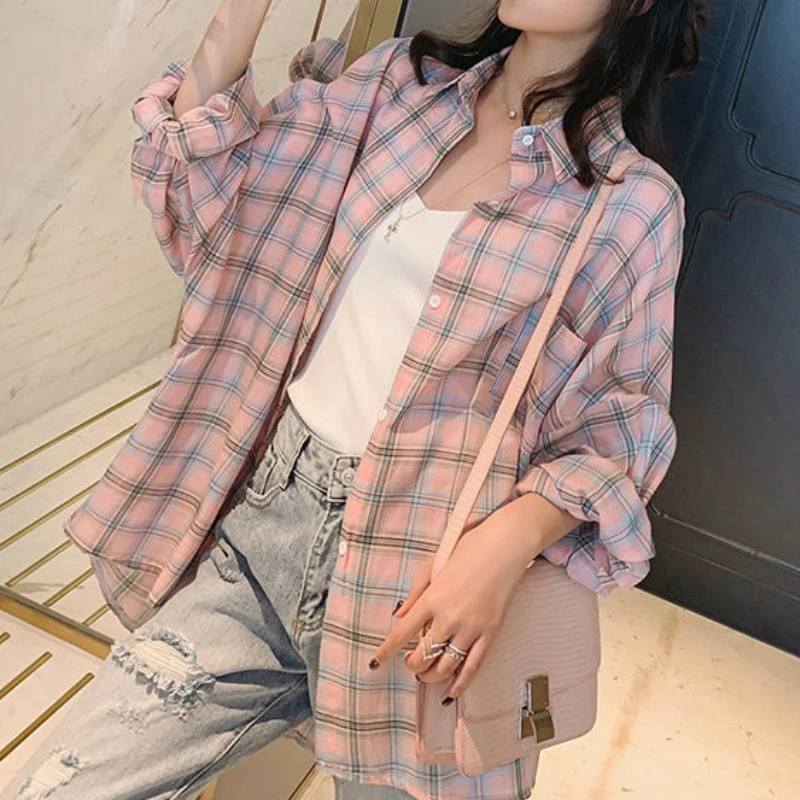 Shirts Women Korean Plaid Chic Batwing Sleeve Summer Sun-protection Femme Preppy Simple Basic Girls Top Breathable Ins