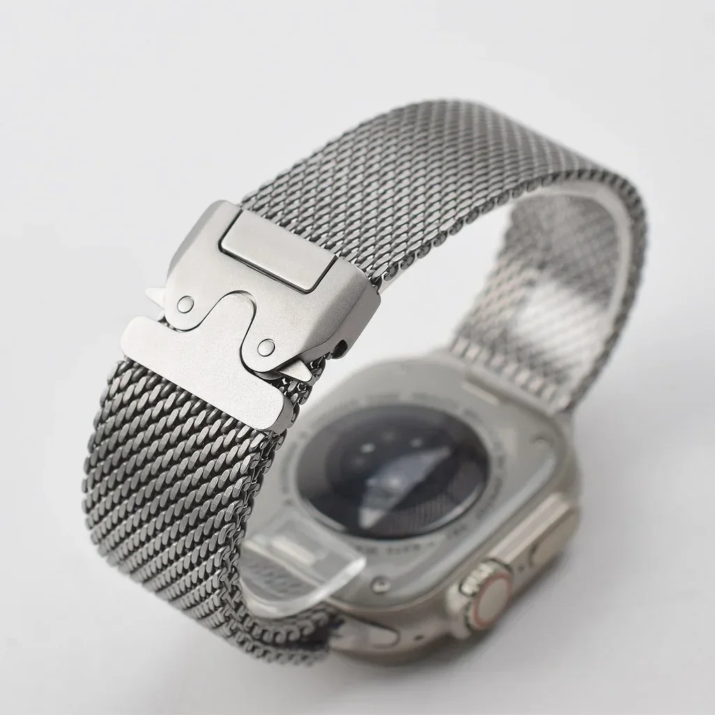 Milanese-Armband für Apple Watch Ultra 2 49mm Serie 10 9 8 7 6 5 Natürliches Titan Milanese-Schlaufe Sichere Fallschirmschnalle – Detail 2