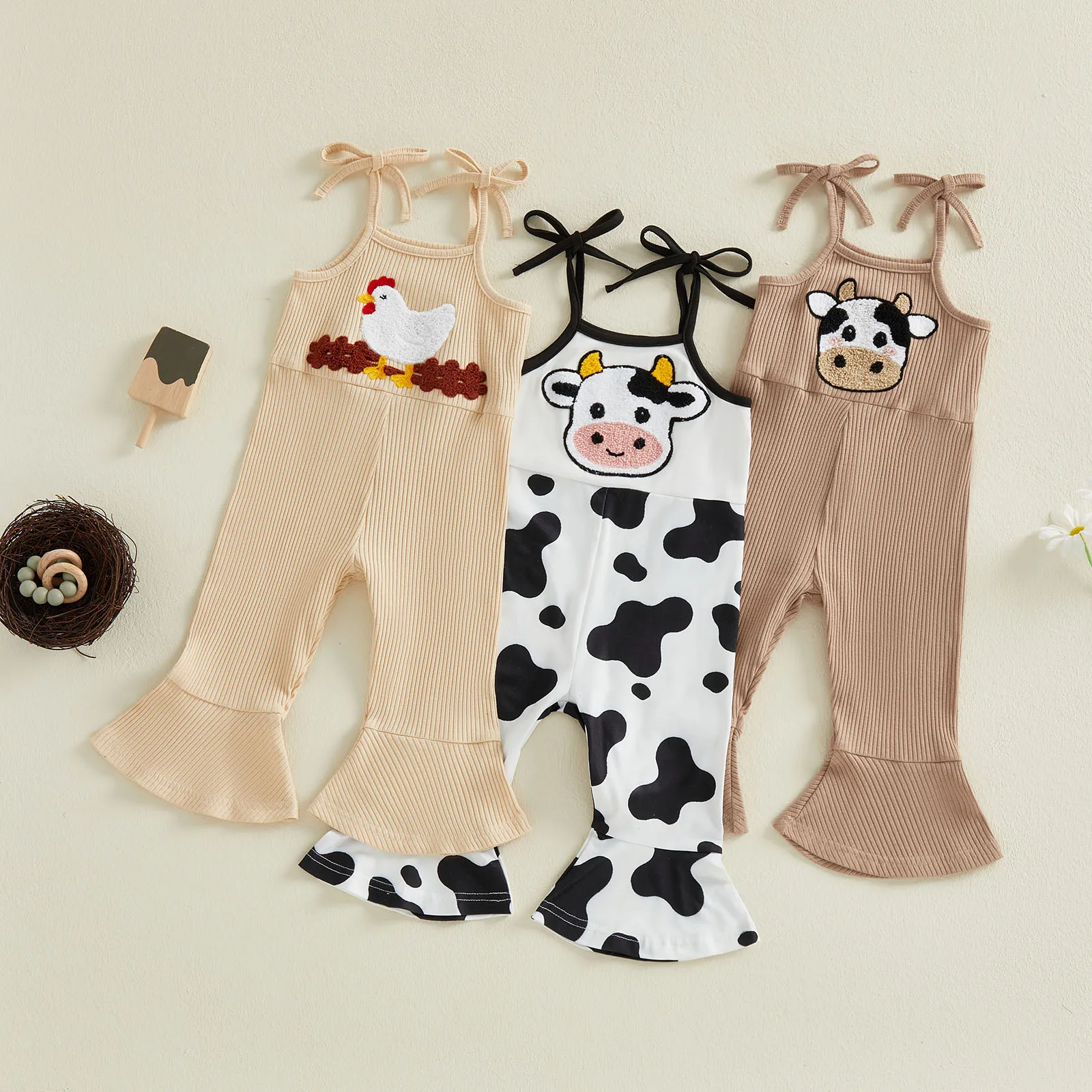 Summer Kids Girls Jumpsuit Sleeveless Tie Shoulder Strap Farm Animal Embroidery Romper Bell Bottoms Clothes