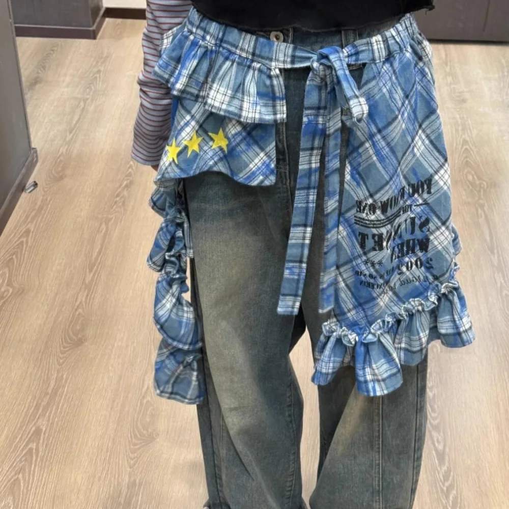 스타 레이어 의상 체크무늬 스커트 힙합 셔츠 익스텐더 레이스업 힙 스카프 스위트 한국 스타일 러플 엣지 웨이스트밴드