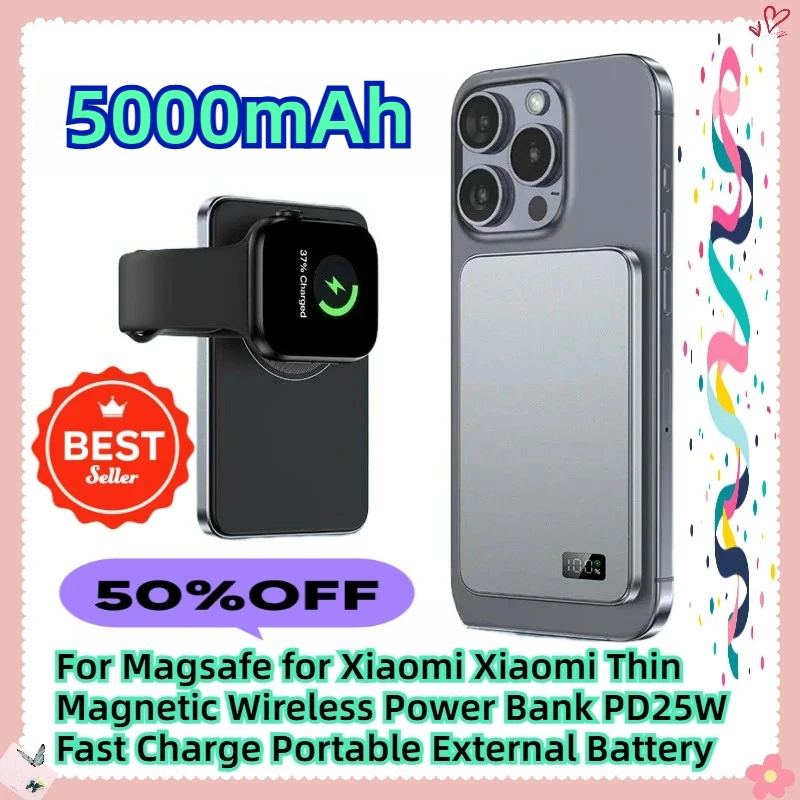 For Magsafe for Xiaomi Xiaomi 5000mAh Thin Magnetic Wireless Power Bank PD25W Fast Charge Portable External Battery