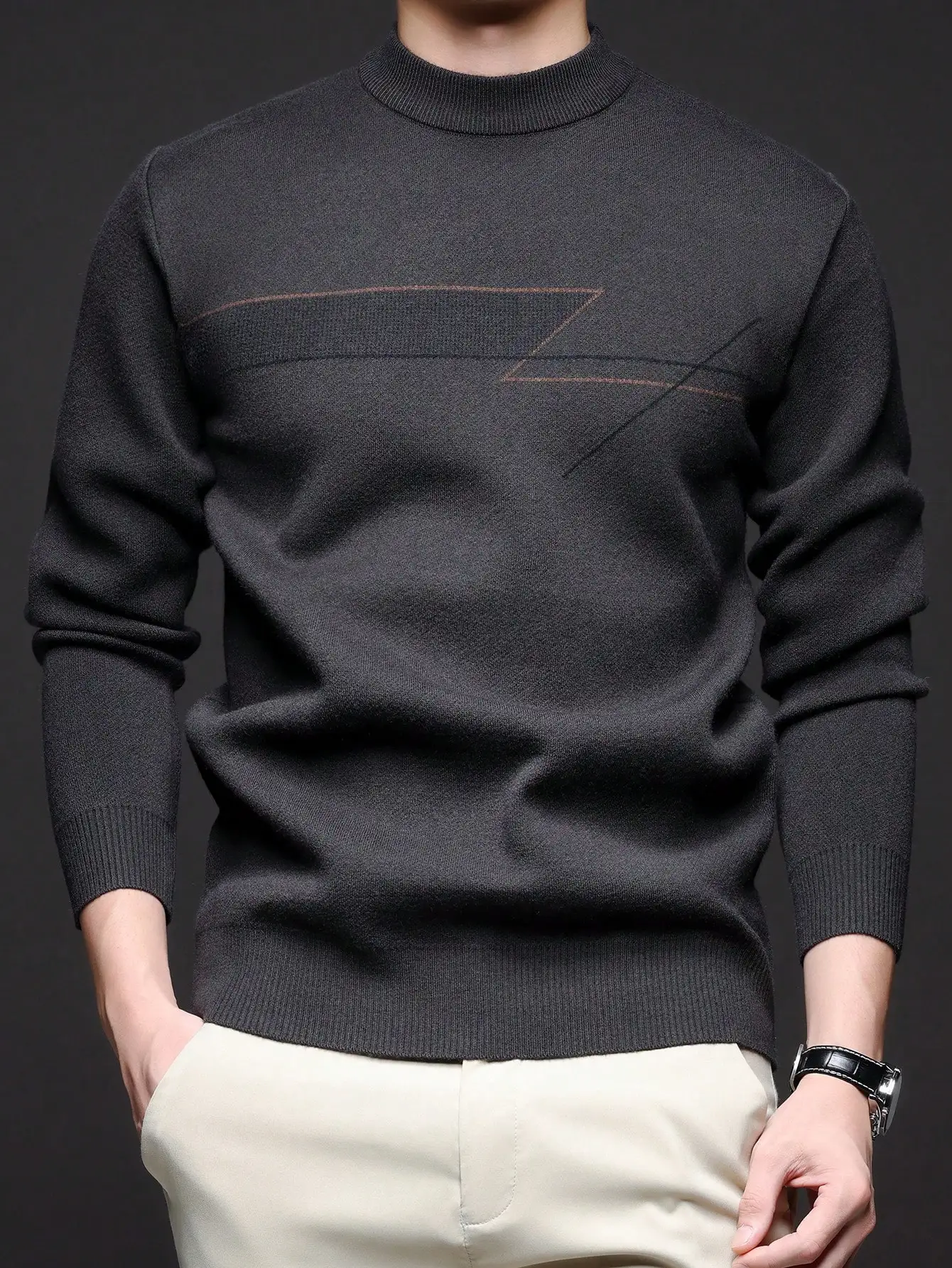 

Men's Crew Neck Knit Sweater with Geometric Stitch Detail, Business Casual Fall Winter Wear