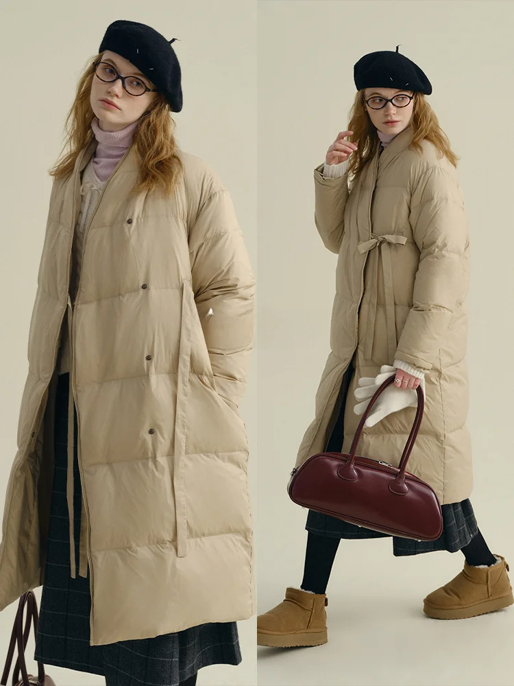 

Rina Berry Long Warm Du down Jaet Belted Versatile Design Winter Coat White Du Feather Filled Commute Sle Pure Color