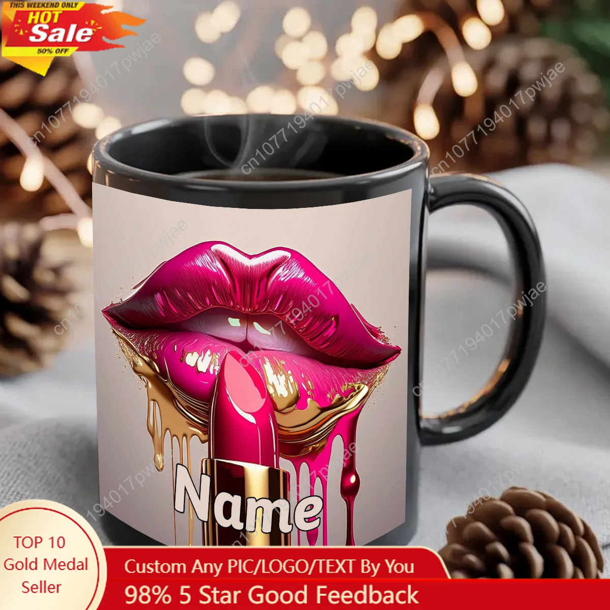 

[Ideal Gift] 1pc Customizable Lipstick Design Mug - 11oz Durable Ceramic Coffee Cup with Personalized Name, Vibrant Red Lips