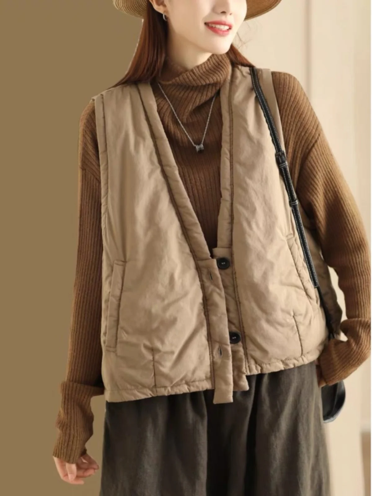 

Retro Thiened Cotton Vest Outerwear Women Loose Autumn Winter V-ne Svel oulder Pad Jaet Trendy Top Commute