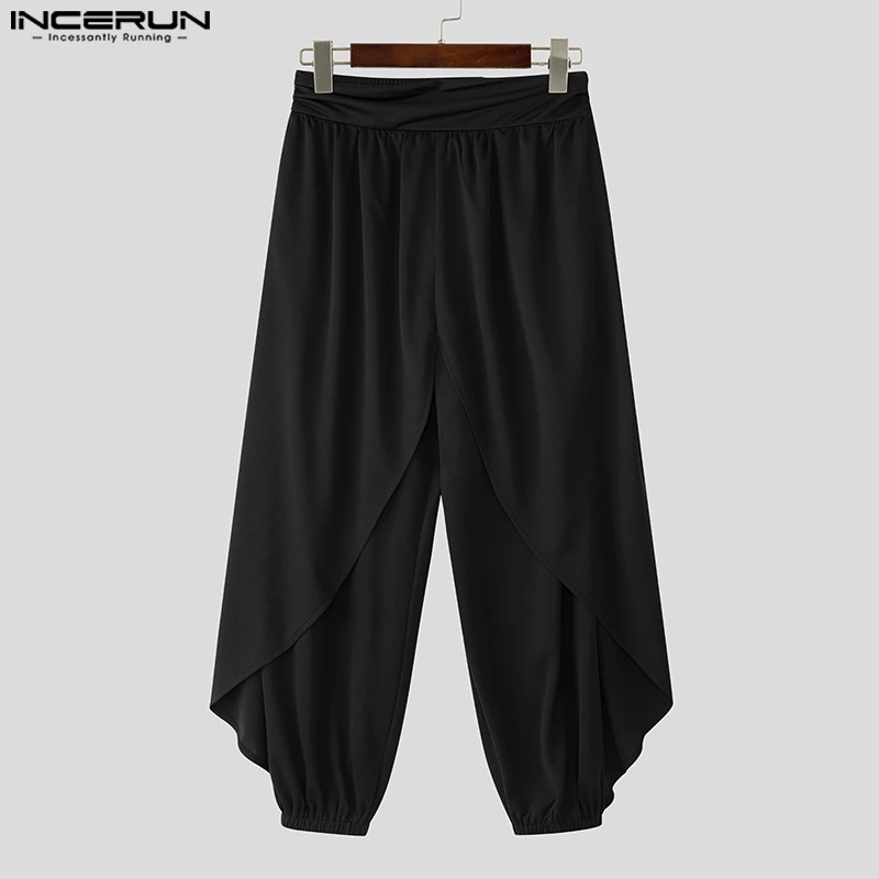 

INCERUN Men Pants Solid Color Joggers Elastic Waist Loose Casual Trousers Men Streetwear 2025 Fashion Irregular Long Pants S-5XL