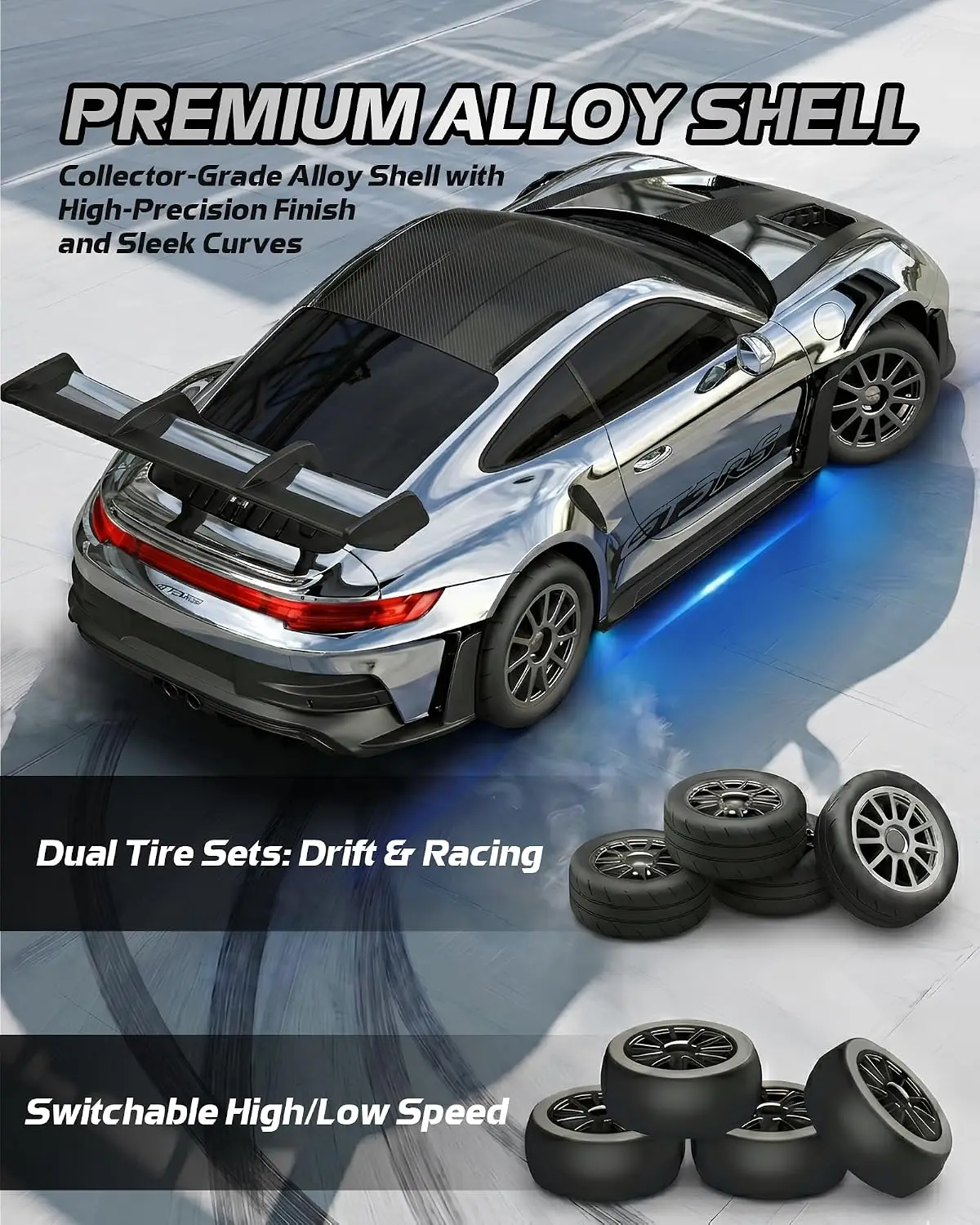1/43 911 RC Drift Car 4WD with Gyro Full Proportional RTR | Alloy Body, 20KM/H Speed, Extra Drift Tires, Silent Bearings, LED Li