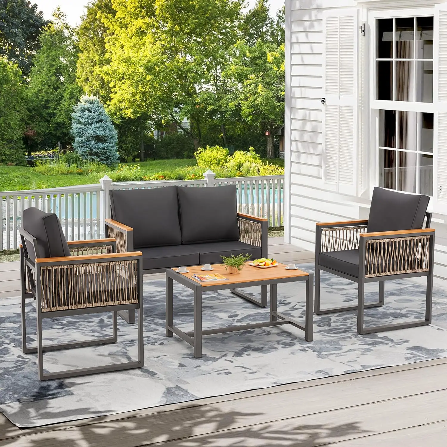Outdoor Patio Furniture Set 4-Piece with Wood Handrails, Wicker Arm Panel, Plastic-Wood Balcony Sofa, All-Weather Metal Conversa