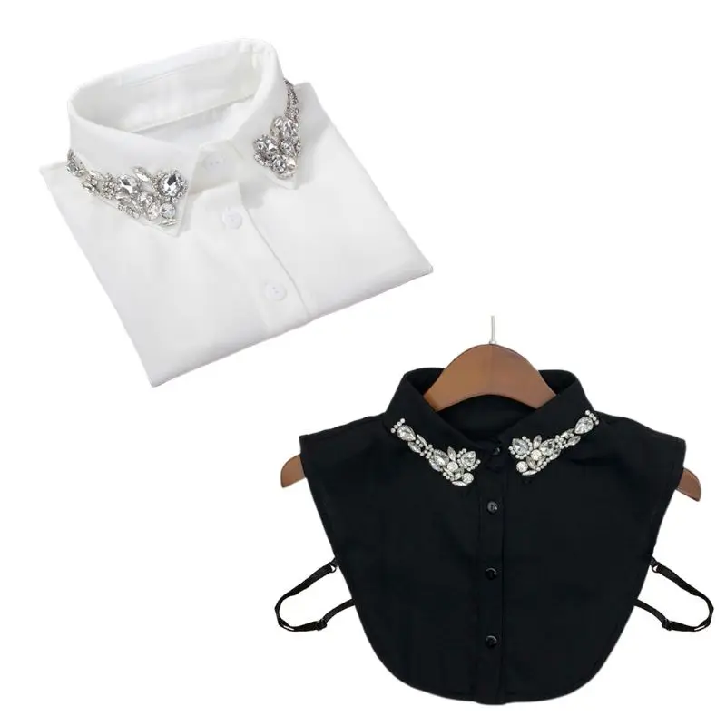 Ladies Women Water Drop Imitation Crystal Chiffon Fake Collars Jewelry Rhinestone Lapel Detachable Button Down Half-Shirt Blouse