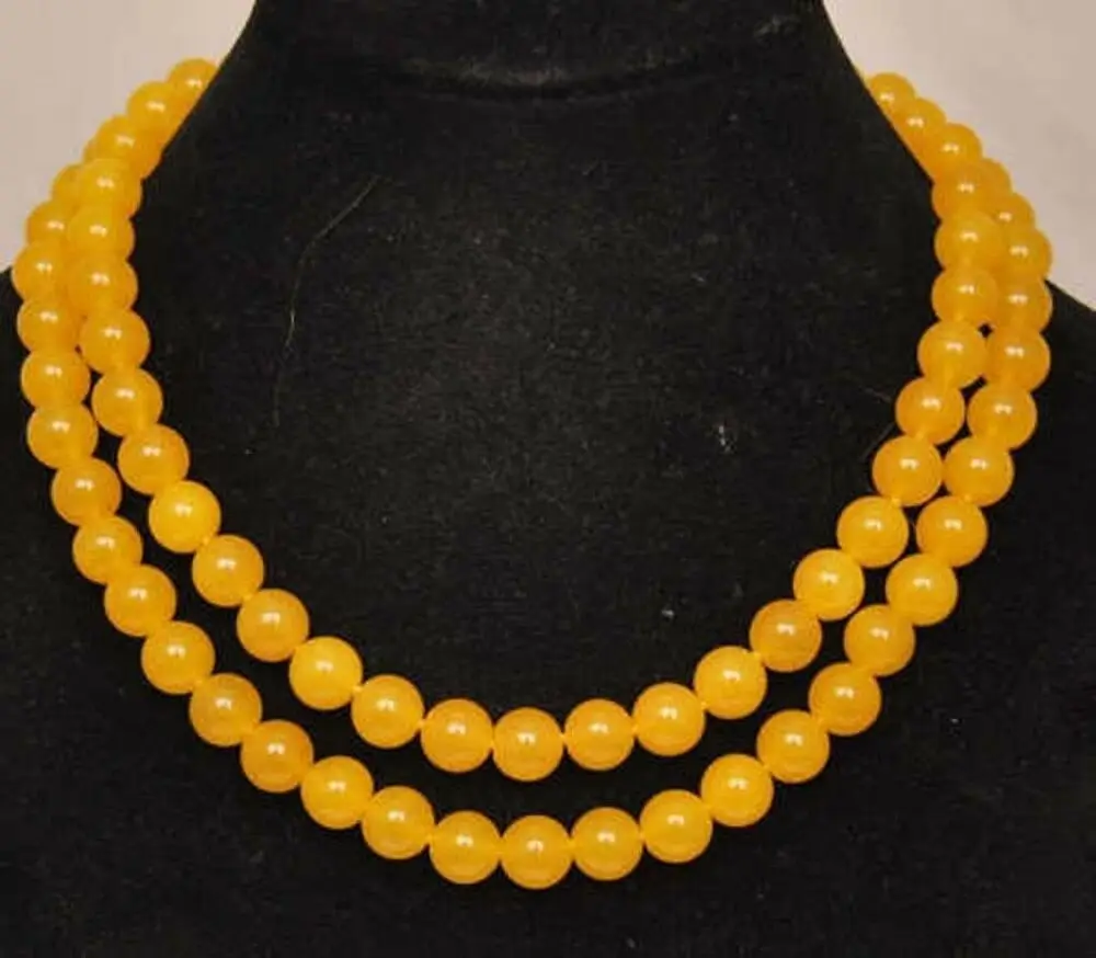 2 Rows 8MM Natural Yellow Jade Round Gemstone Fashion Jewelry Necklace 18-19