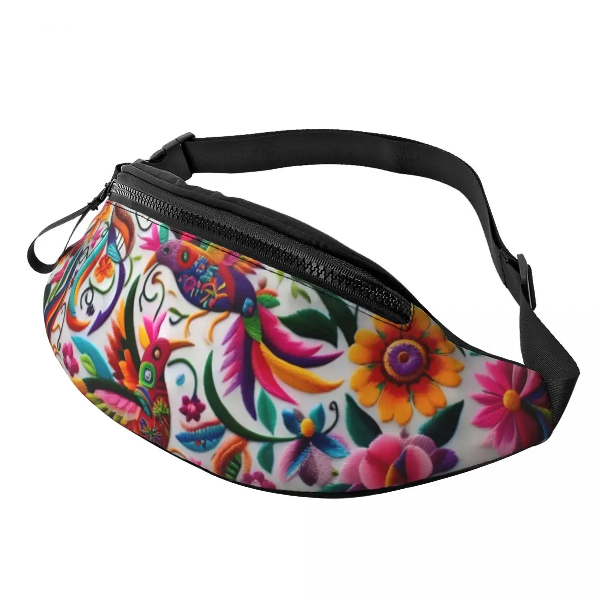 Custom Fashion Mexican Otomi Art Birds Flowers Fanny Pack Men Women Crossbody Waist Bag for Running Phone Money Pouch
