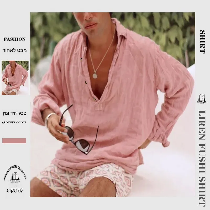 

Casual Cotton Linen Long Sleeve Shirt Men's Beachwear Light Maturity Style Loose Fit Button up Pure Color Business Casual