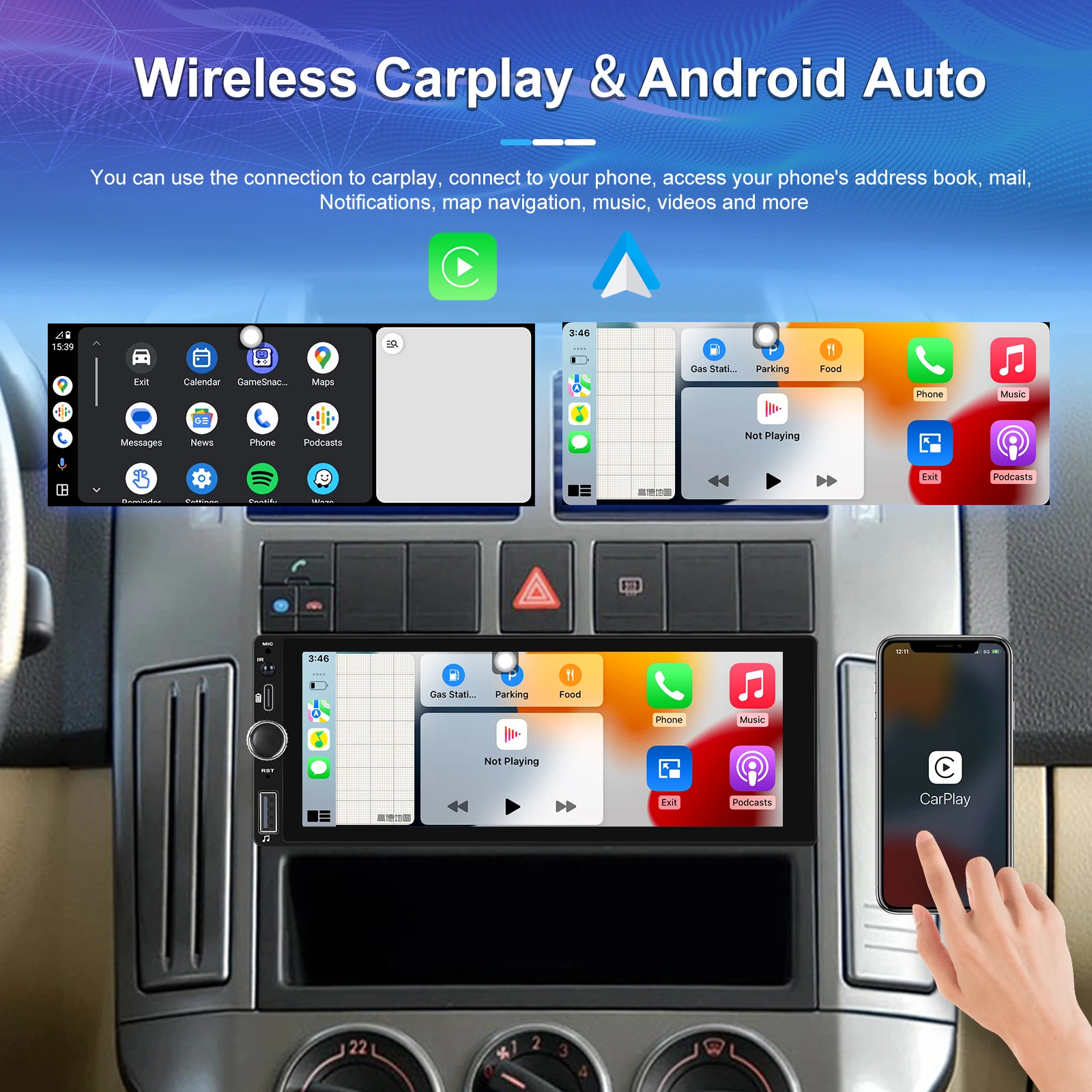 Podofo 1din Wireless Carplay auto 6.86