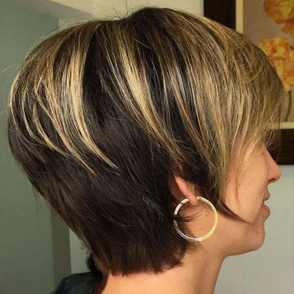 باروكة شعر قصيرة بقص عابث للنساء ذوات البشرة السمراء، لون أسود وأشقر، طبقات كاملة مصنوعة آليًا، شعر مستعار قصير مع غرة