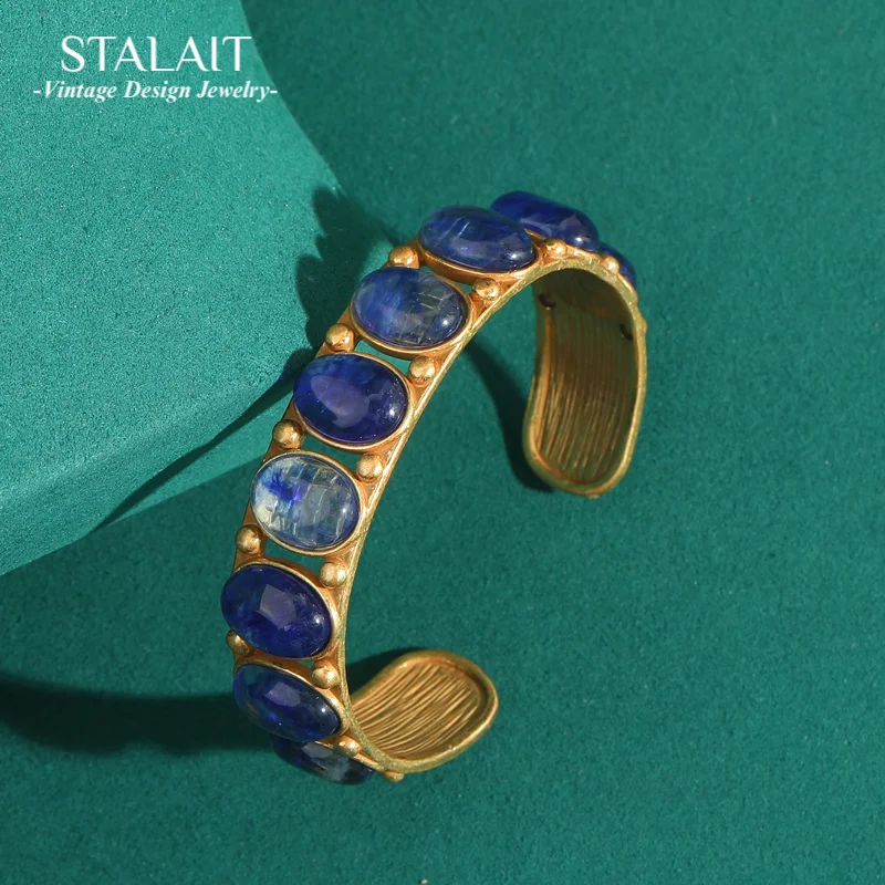 

Vintage Jewelry Open Blue Opal Bracelet Bangles With Designer Charms Gold Color Luxury Accessories Antique Valentine Day Gift